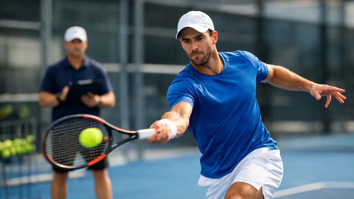 Tennisspieler beim intensiven Training auf dem Hartplatz mit Coach im Hintergrund