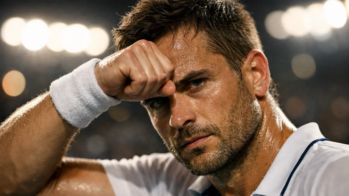 Tennisspieler wischt sich konzentriert den Schweiß von der Stirn während eines wichtigen Matches
