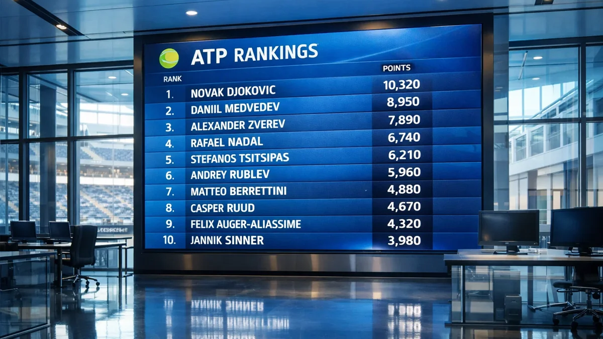 Digitale Anzeigetafel mit ATP-Weltrangliste und Punkteständen in einer modernen Tennisarena
