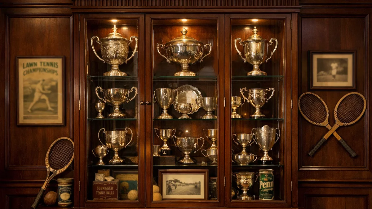 Vitrine mit historischen Tennistrophäen und Pokalen in einem Clubhaus