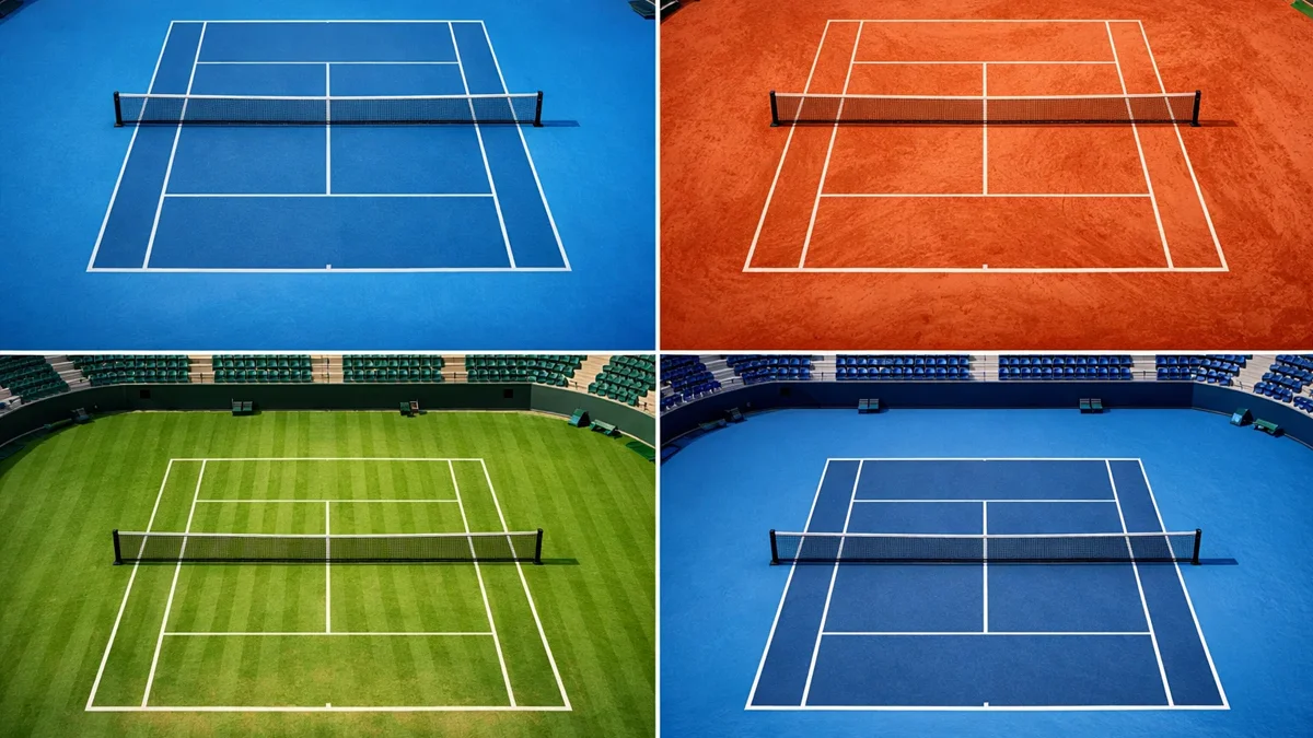 Vier Tennisplätze nebeneinander zeigen die unterschiedlichen Beläge der Grand Slams