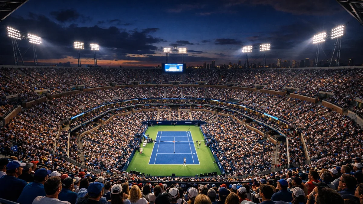Blick über die gefüllten Zuschauerränge eines Grand-Slam-Stadions bei einem Abendmatch