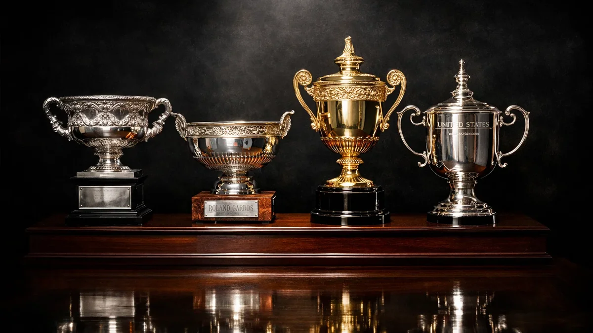 Vier prestigeträchtige Grand-Slam-Trophäen nebeneinander aufgestellt auf einem eleganten Podest