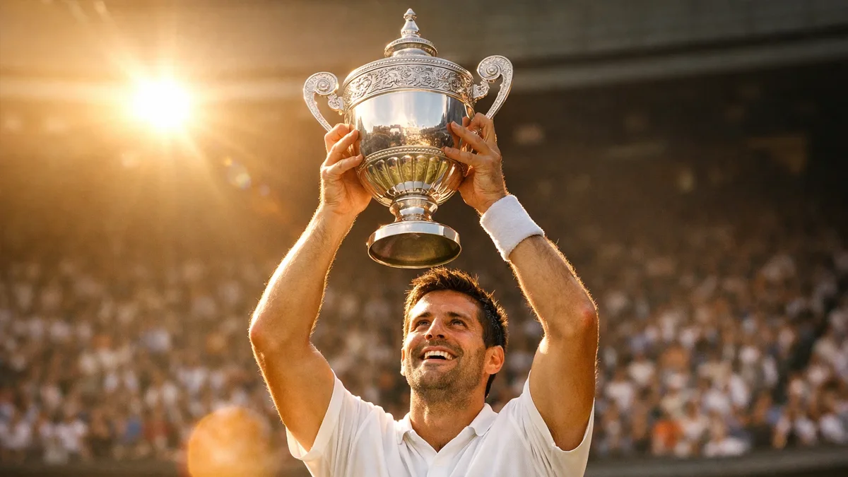 Tennisspieler hebt triumphierend den Pokal auf dem Centre Court