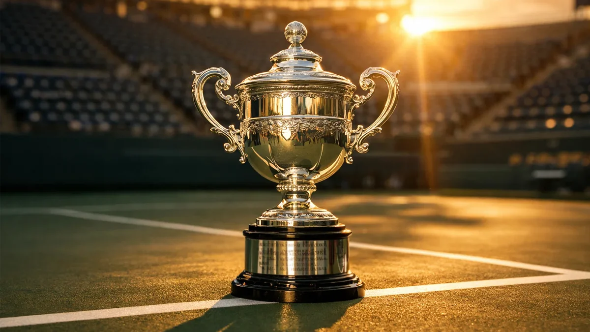 Silberner Grand-Slam-Pokal auf dem Centre Court im Sonnenlicht