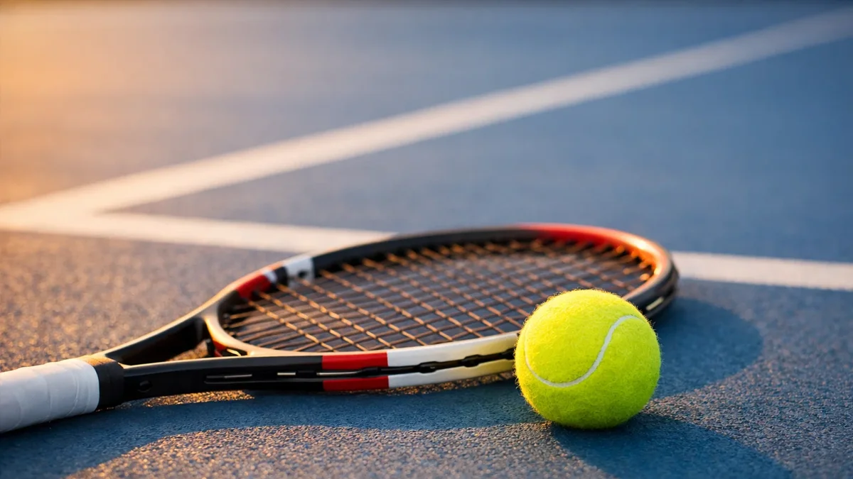 Tennisschläger und Tennisball auf einem Platz mit Spielfeldlinien im Hintergrund