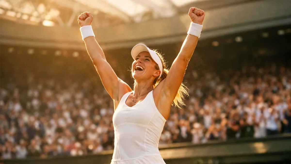 Tennisspielerin feiert ihren Sieg mit erhobenen Armen auf dem Centre Court