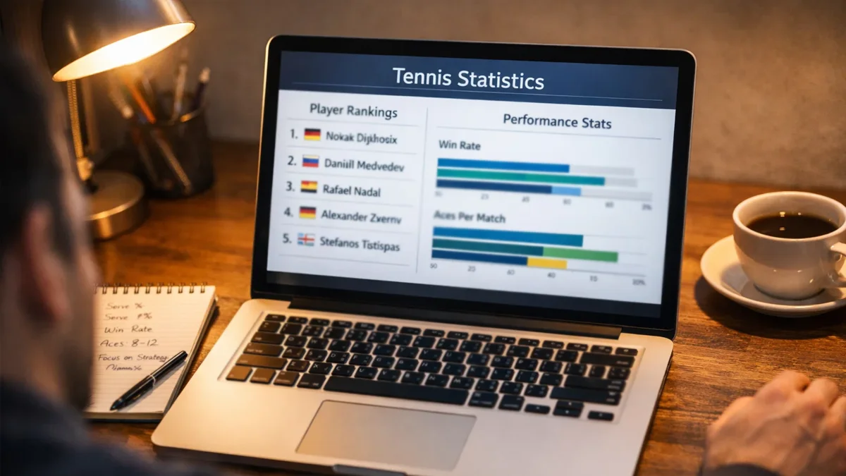 Person analysiert Tennisstatistiken und Ranglisten auf einem Laptop mit Notizblock daneben