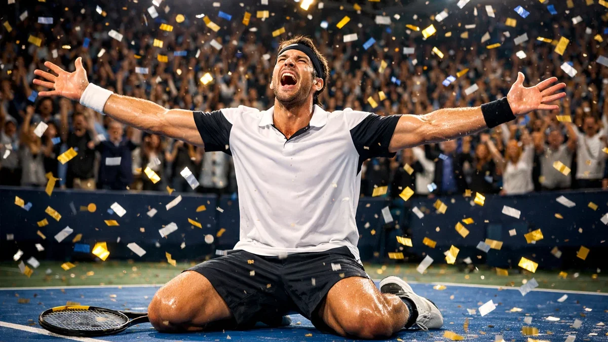 Tennisspieler feiert mit ausgebreiteten Armen nach dem Matchball