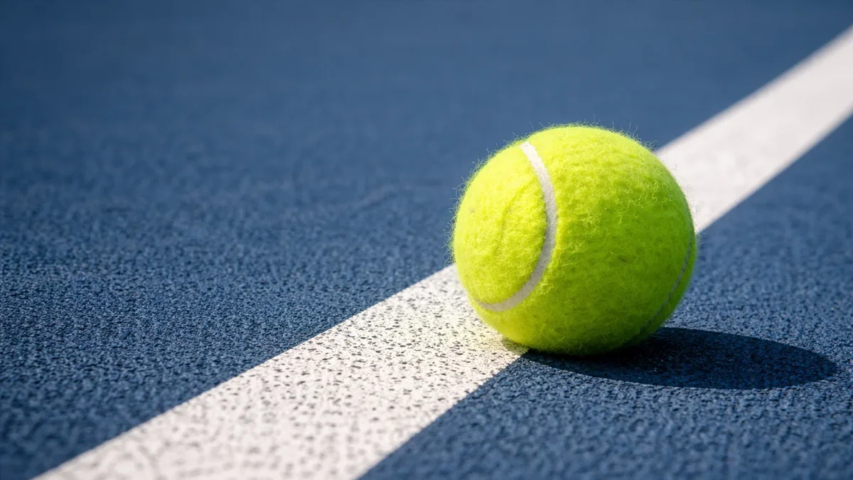 Tennisball liegt neben der Linie auf dem Platz symbolisiert knappe Entscheidungen