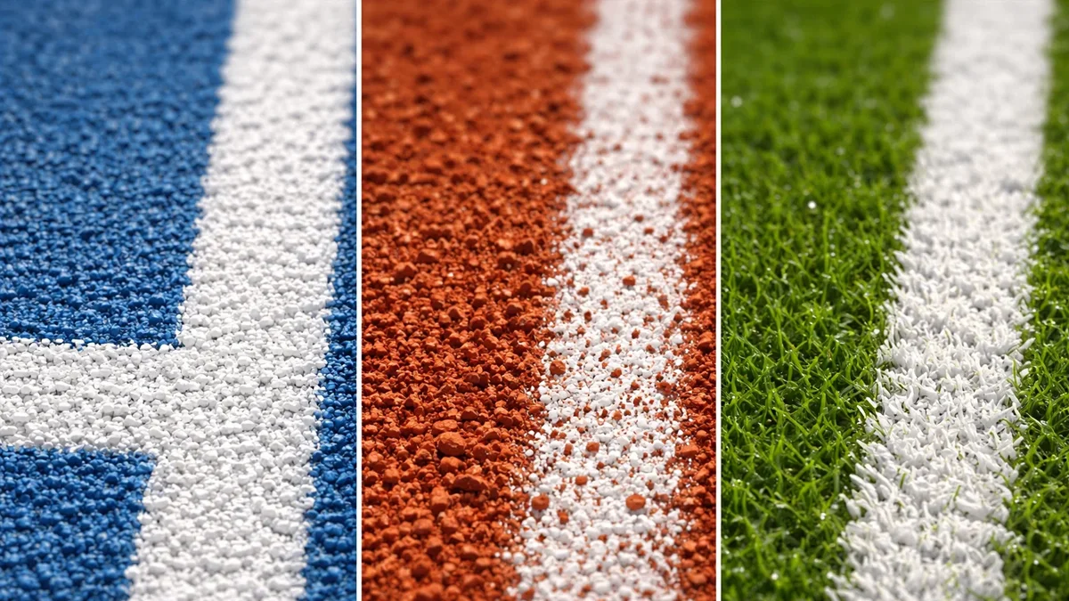 Nahaufnahme von drei Tennisbelägen: blauer Hartplatz, roter Sand und grüner Rasen