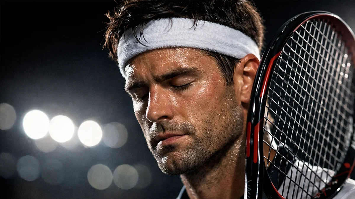 Tennisspieler mit geschlossenen Augen konzentriert sich vor dem Aufschlag