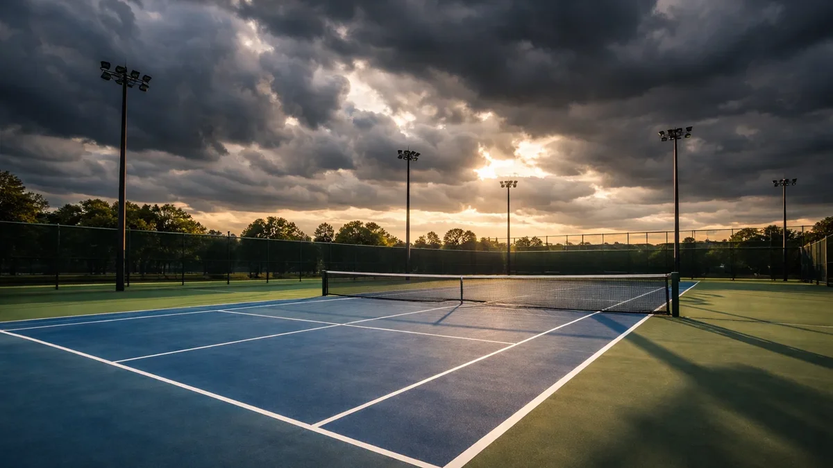 Tennisplatz im Freien mit dramatischen Wolken am Himmel