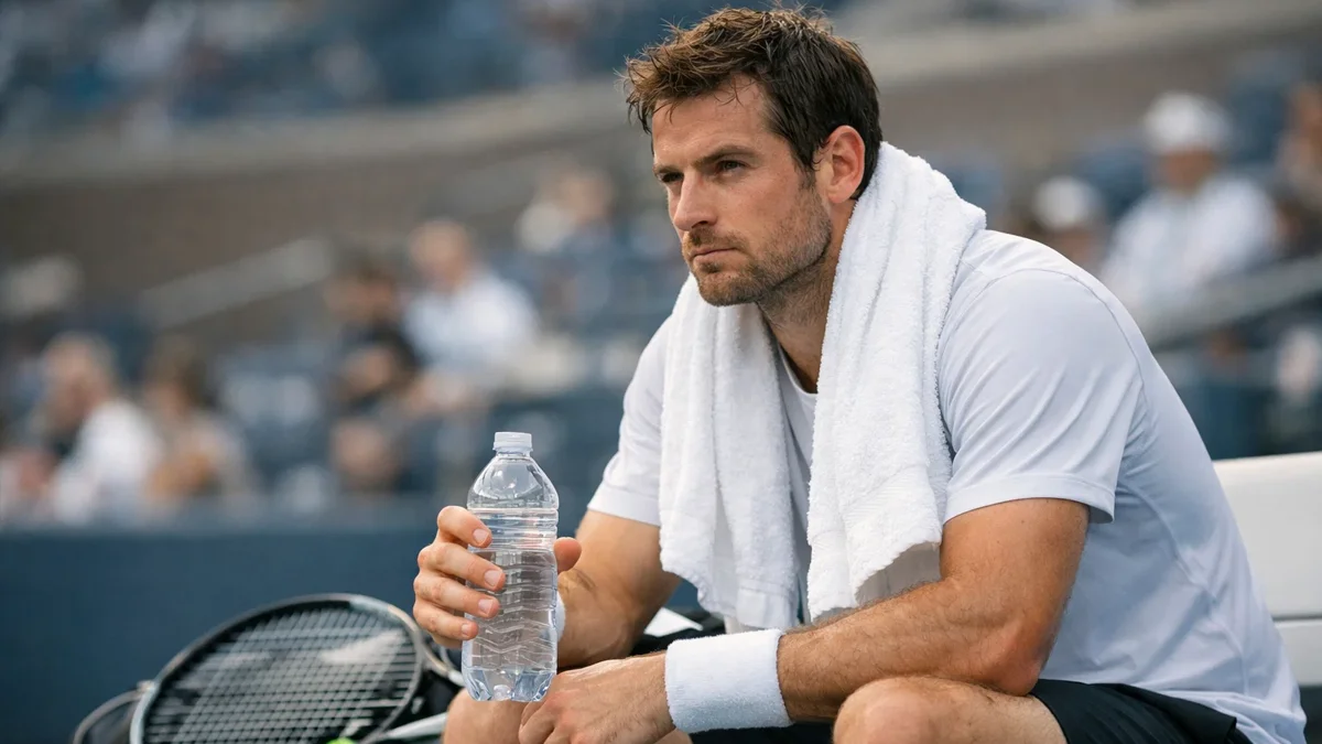 Tennisspieler sitzt konzentriert auf der Bank während einer Satzpause