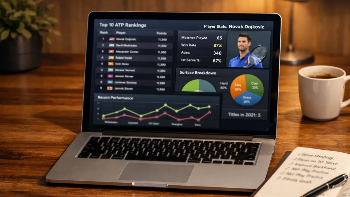 Laptop zeigt Tennisrangliste und Statistiken auf dem Bildschirm