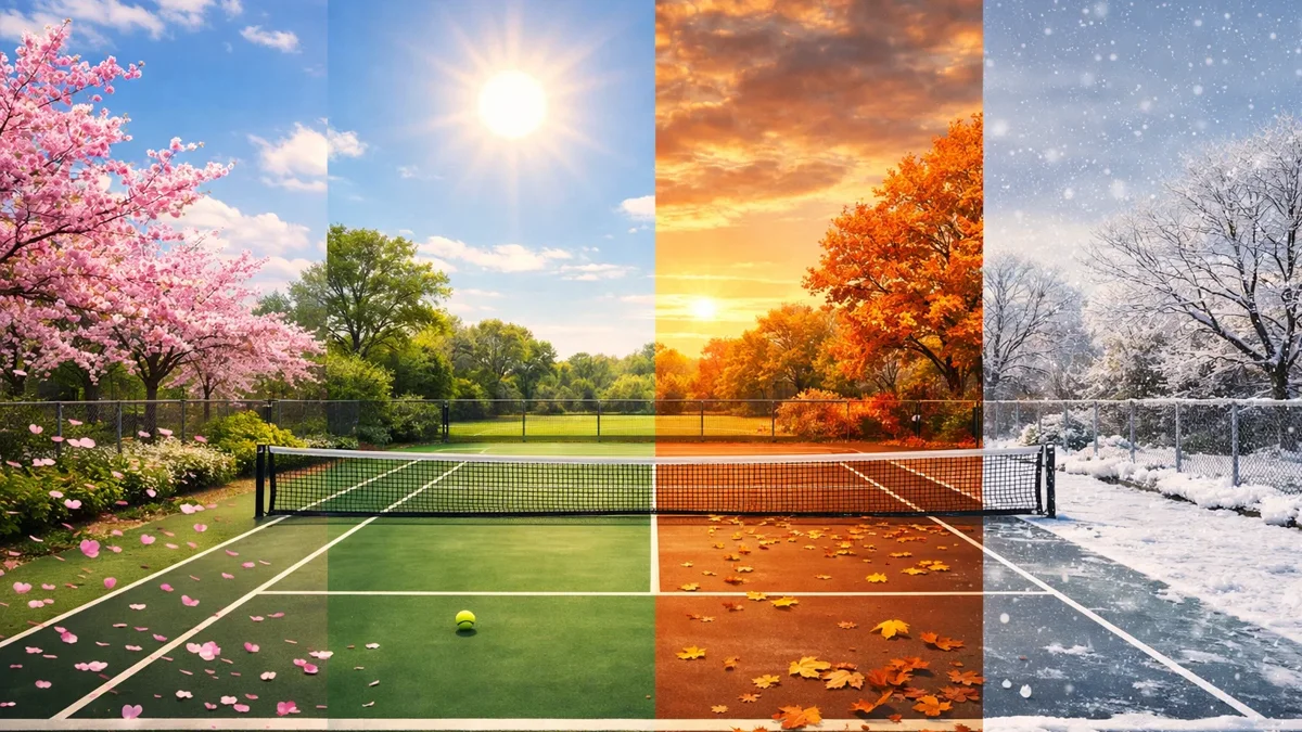 Tennisplatz mit wechselnden Jahreszeiten im Hintergrund symbolisiert den Saisonverlauf