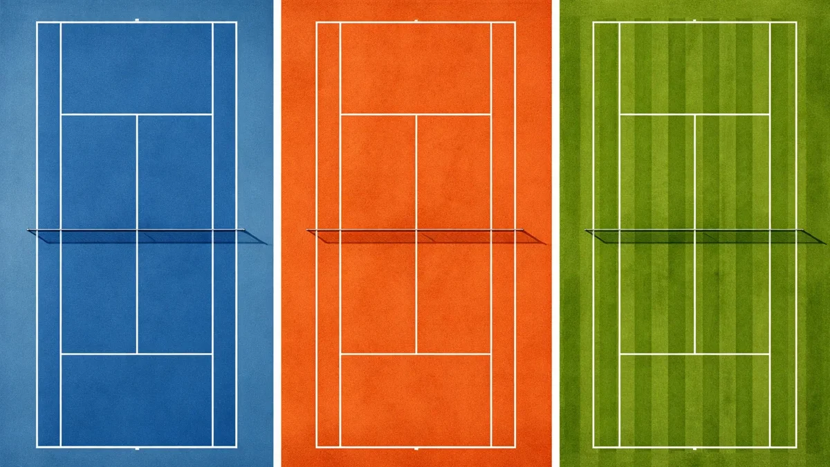 Dreiteilige Darstellung von Tennisplätzen mit Hartplatz, Sandplatz und Rasen nebeneinander