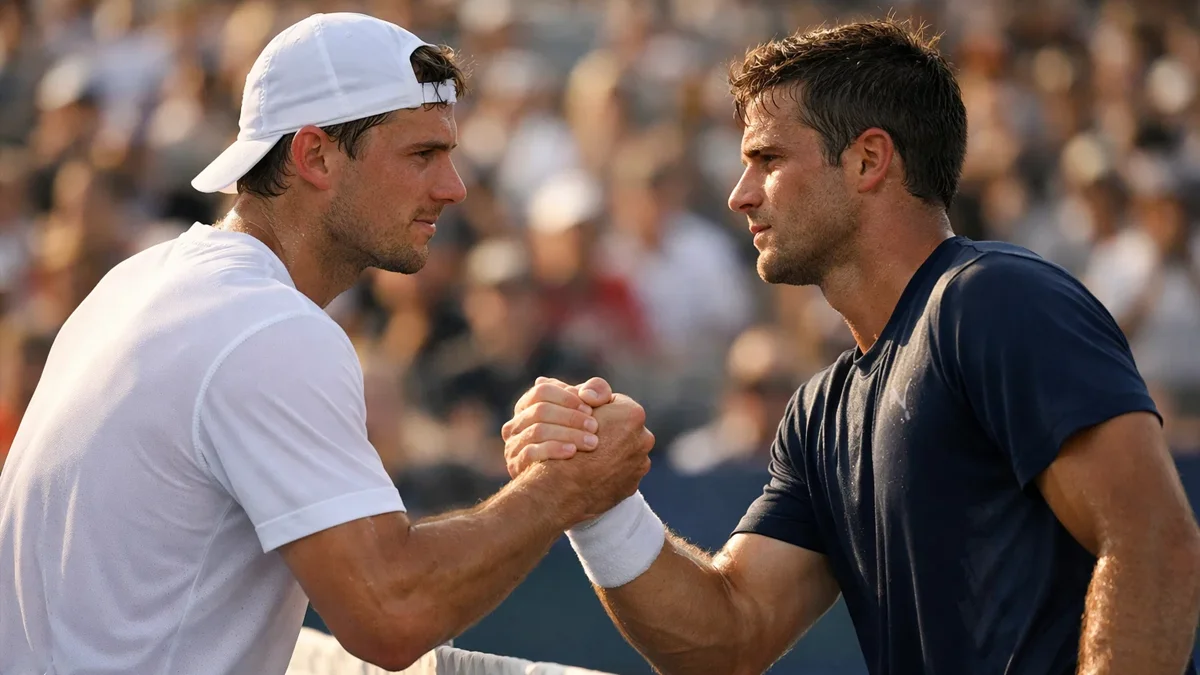 Zwei junge Tennisprofis beim intensiven Handshake am Netz nach einem spannenden Match