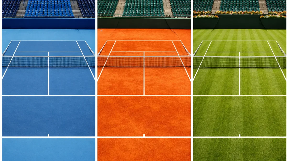 Dreifach geteiltes Bild zeigt Tennisplätze mit Hartplatz, Sandplatz und Rasenplatz