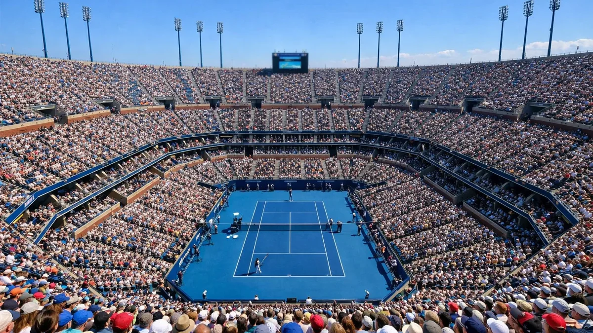 Panoramablick auf ein gefülltes Grand-Slam-Tennisstadion bei Tageslicht