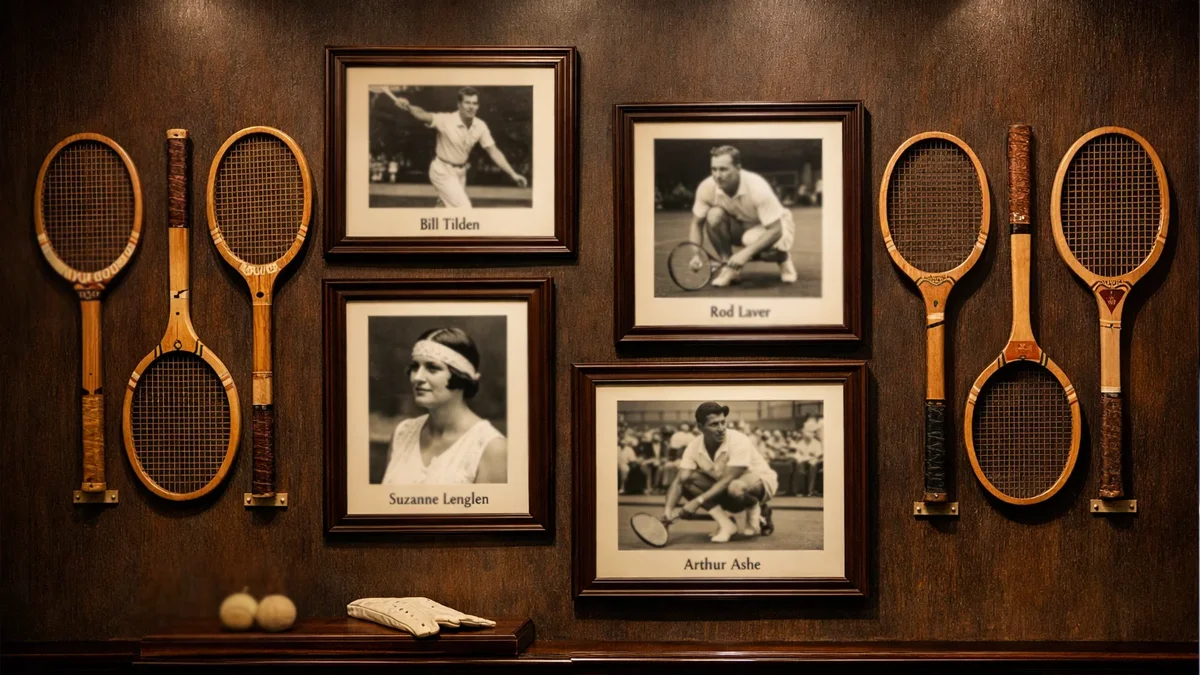 Elegante Ausstellung mit historischen Tennisschlägern und Fotos von Tennislegenden