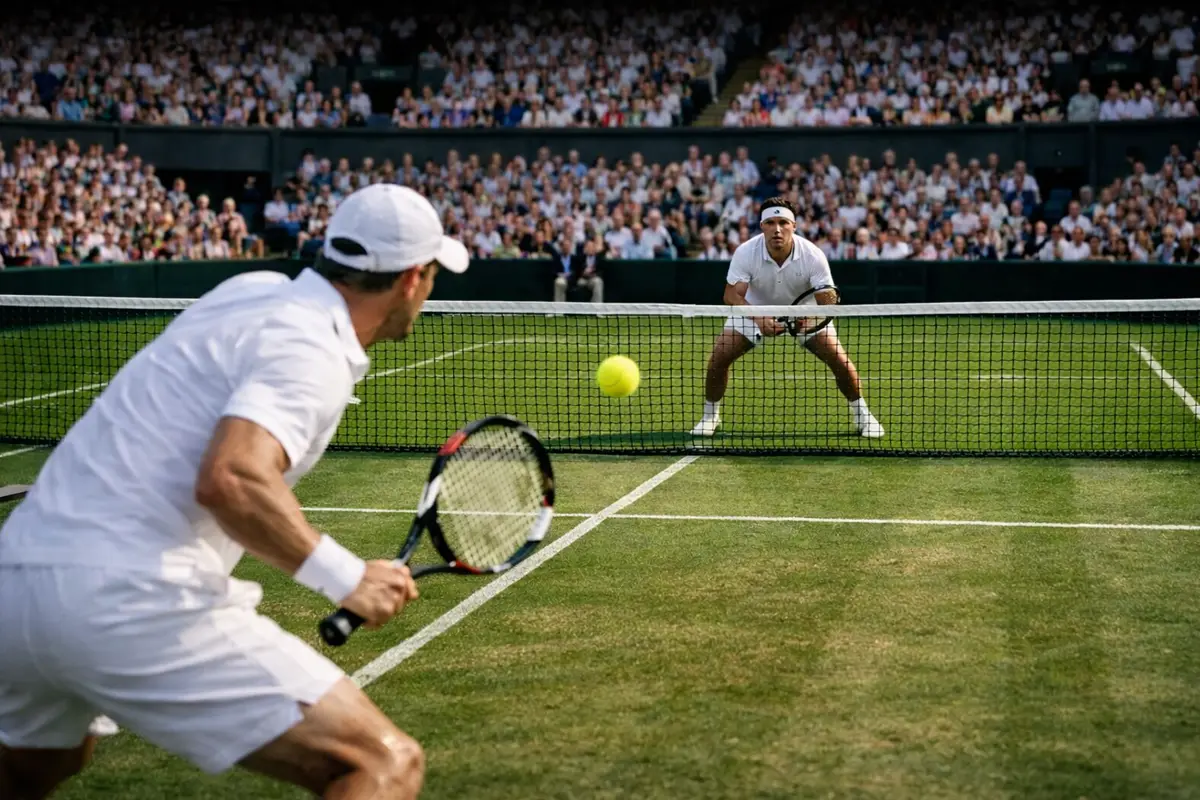 Tennisduell auf dem Platz mit intensivem Ballwechsel an der Grundlinie
