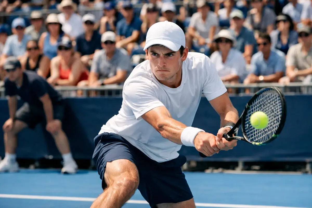 Junger Tennisspieler kämpft um Punkte bei ATP 250 Turnier auf Hartplatz