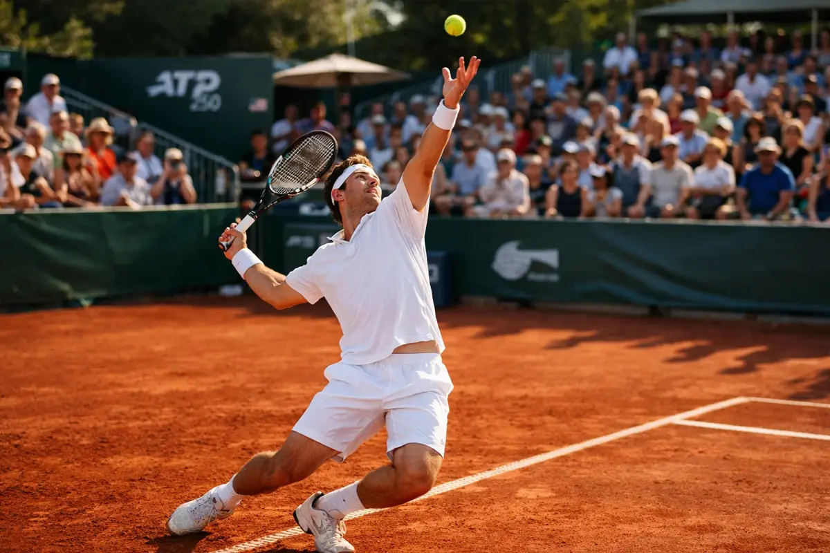 Junger Tennisspieler beim Aufschlag auf ATP Turnier