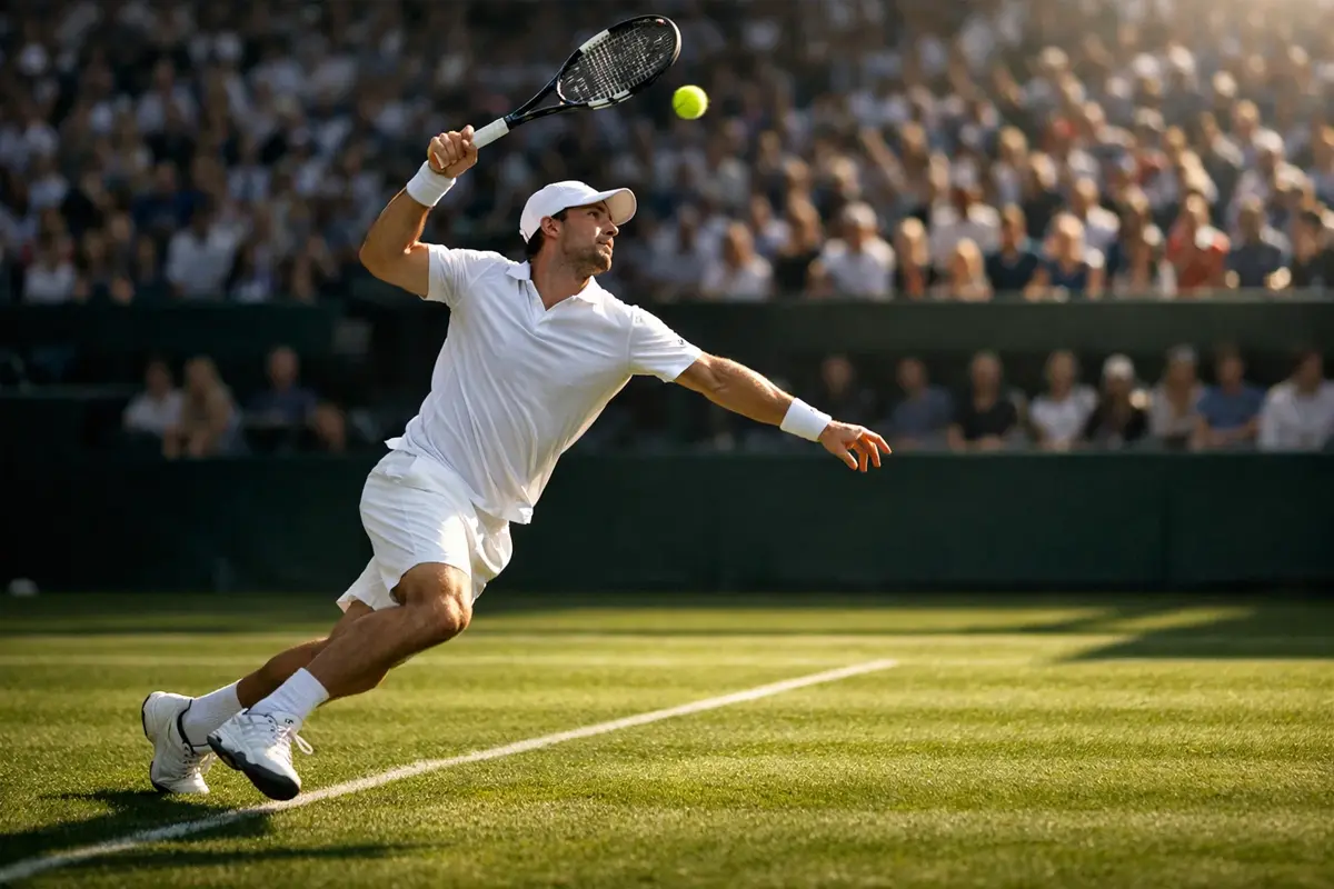 Professioneller Tennisspieler bei Aufschlag auf grünem Rasenplatz während ATP 500 Turnier