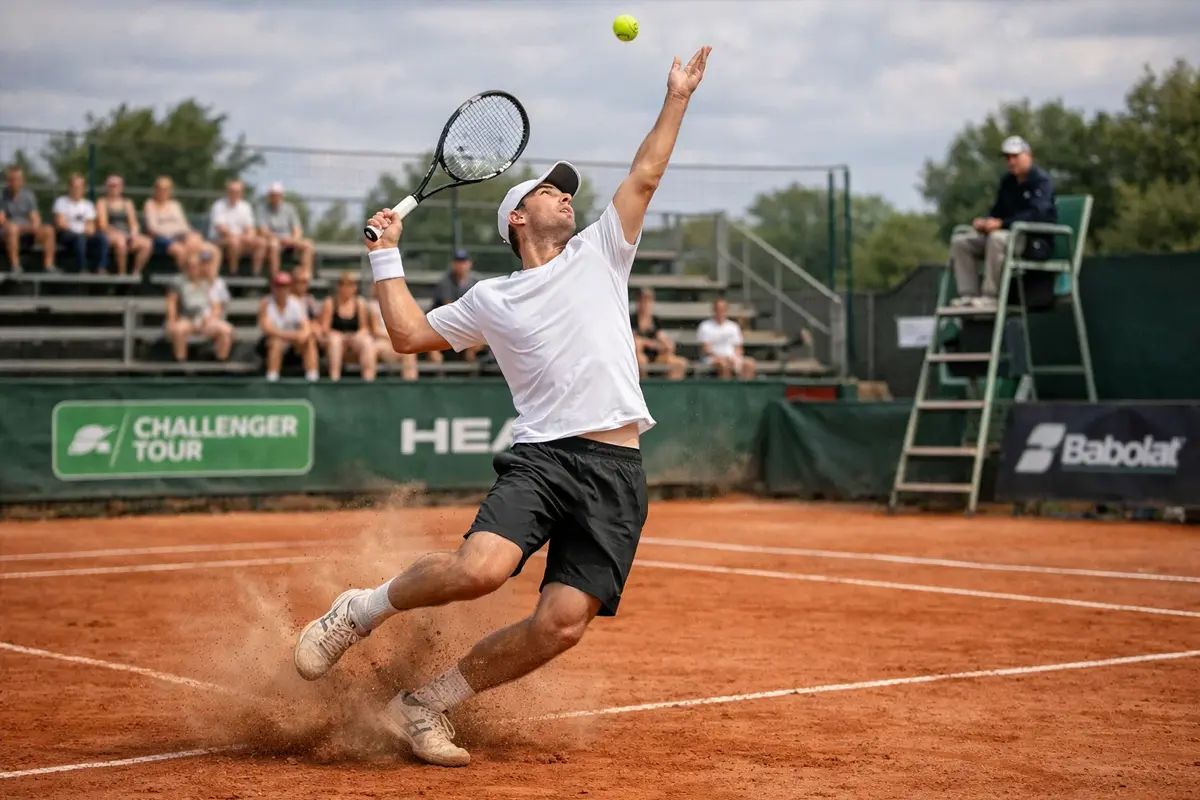 Junger Tennisspieler serviert auf einem kleinen Challenger-Tennisplatz