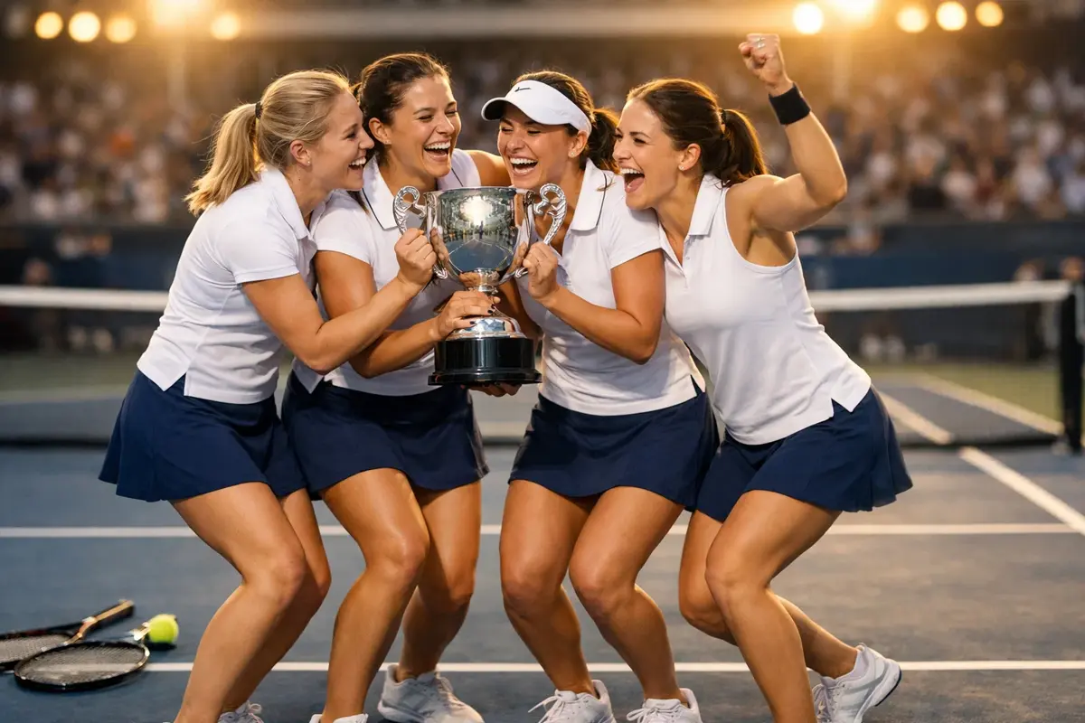 Damentennis-Nationalmannschaft feiert Sieg beim Billie Jean King Cup auf dem Tennisplatz