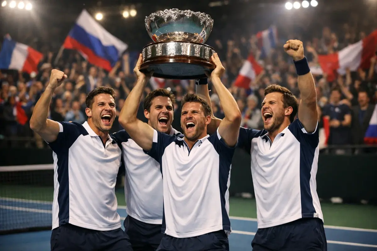 Tennismannschaft feiert mit Fans und Nationalfahnen beim Davis Cup Turnier
