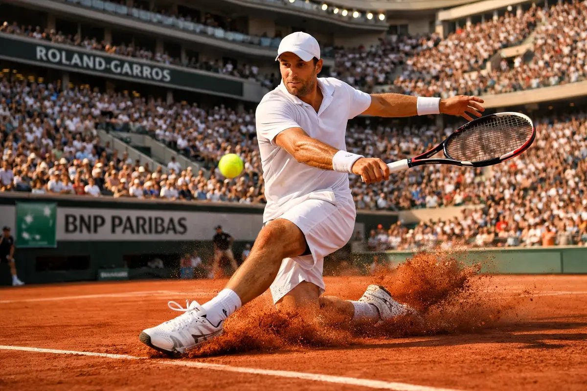 Tennisspieler auf dem roten Sandplatz von Roland Garros bei den French Open