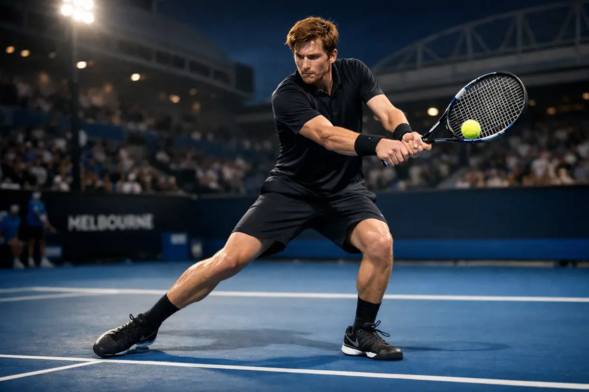 Jannik Sinner bei einem präzisen Rückhandschlag auf dem Tennisplatz