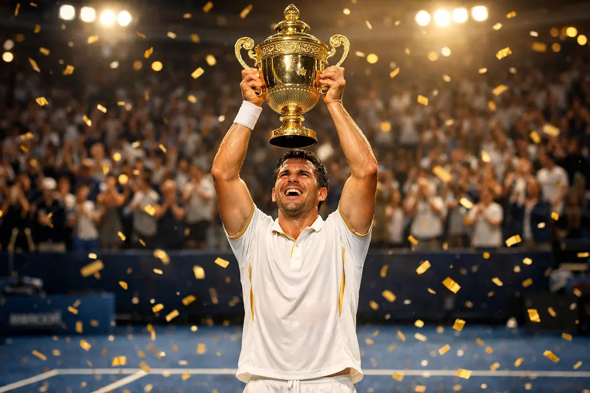 Novak Djokovic feiert einen Sieg mit Trophäe auf dem Tennisplatz