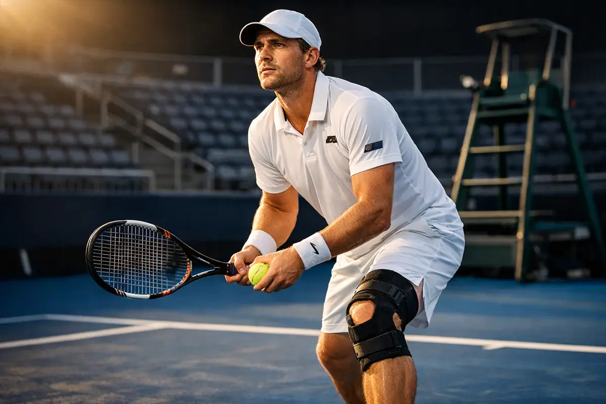 Tennisspieler mit Kniebandage kehrt auf den Hartplatz zurück