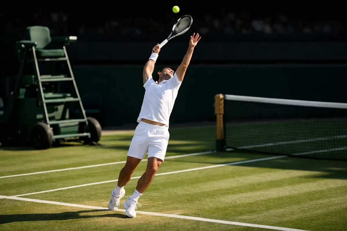 Professioneller Tennisspieler beim kraftvollen Aufschlag auf dem Center Court