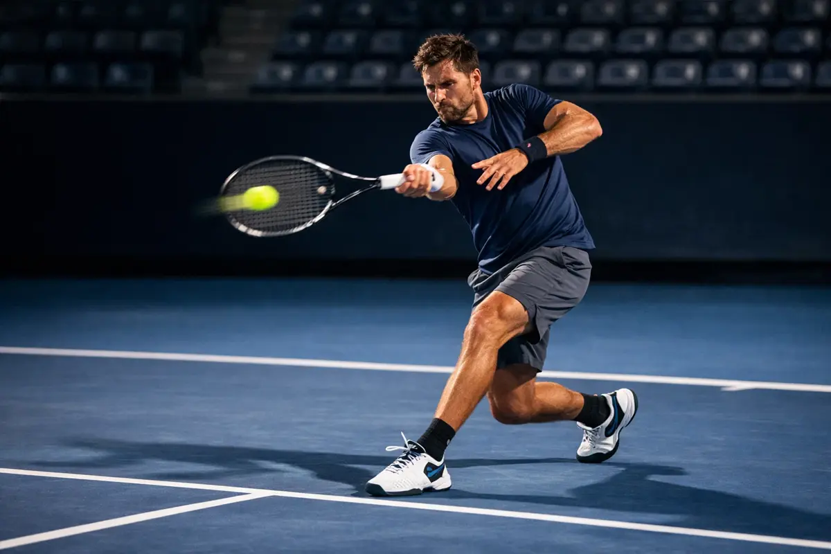 Tennisspieler führt kraftvolle Vorhand auf Hartplatz aus