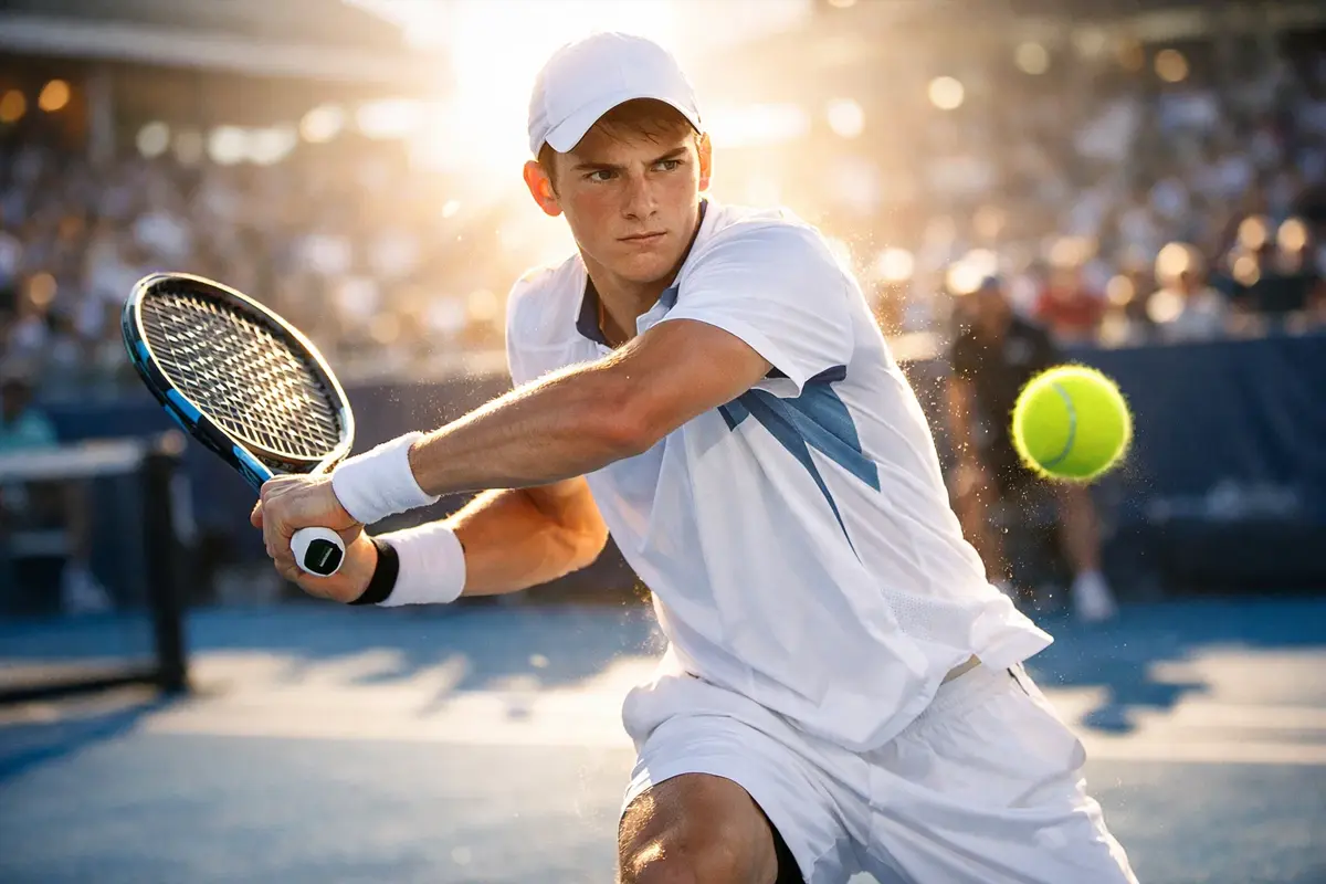 Junger Tennisspieler mit entschlossenem Blick auf dem Hartplatz
