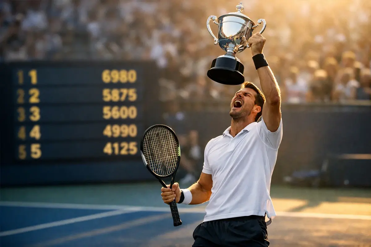 Tennisspieler feiert Sieg auf dem Hartplatz mit Trophäe