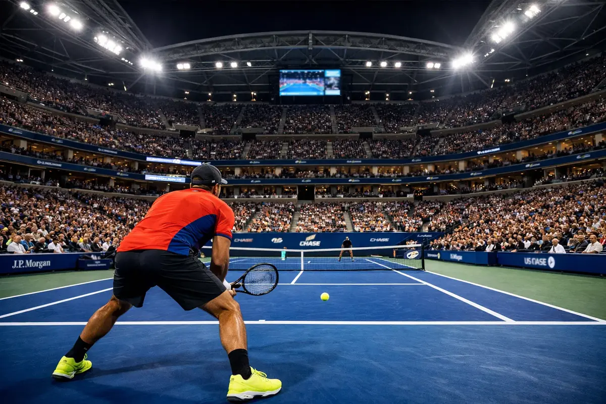 Tennismatch unter Flutlicht im Arthur Ashe Stadium bei den US Open