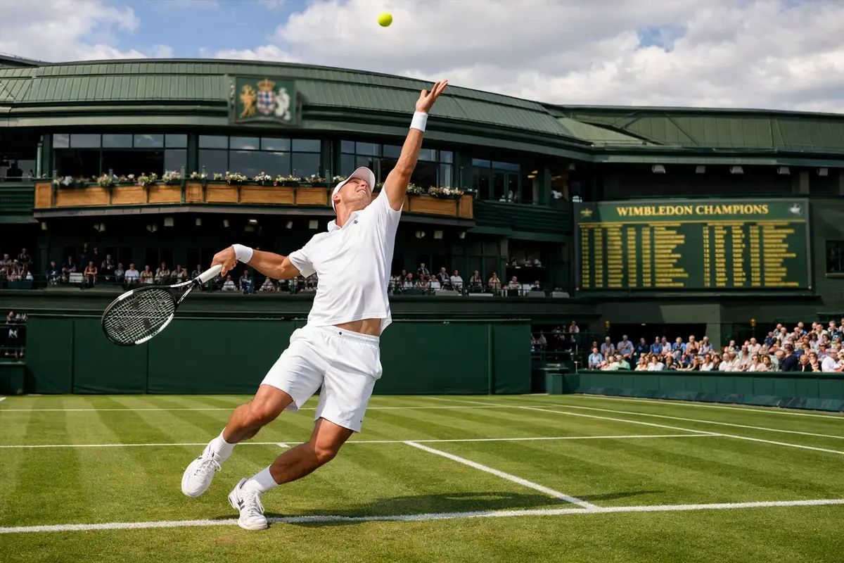 Tennisspieler auf dem grünen Rasen des Centre Court in Wimbledon
