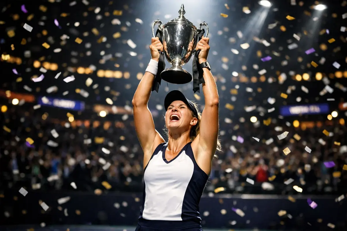 Tennisspielerin hebt den WTA Finals Pokal in die Höhe bei der Siegerehrung