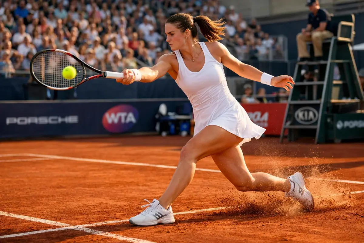Professionelle Tennisspielerin schlägt eine Vorhand auf dem Sandplatz
