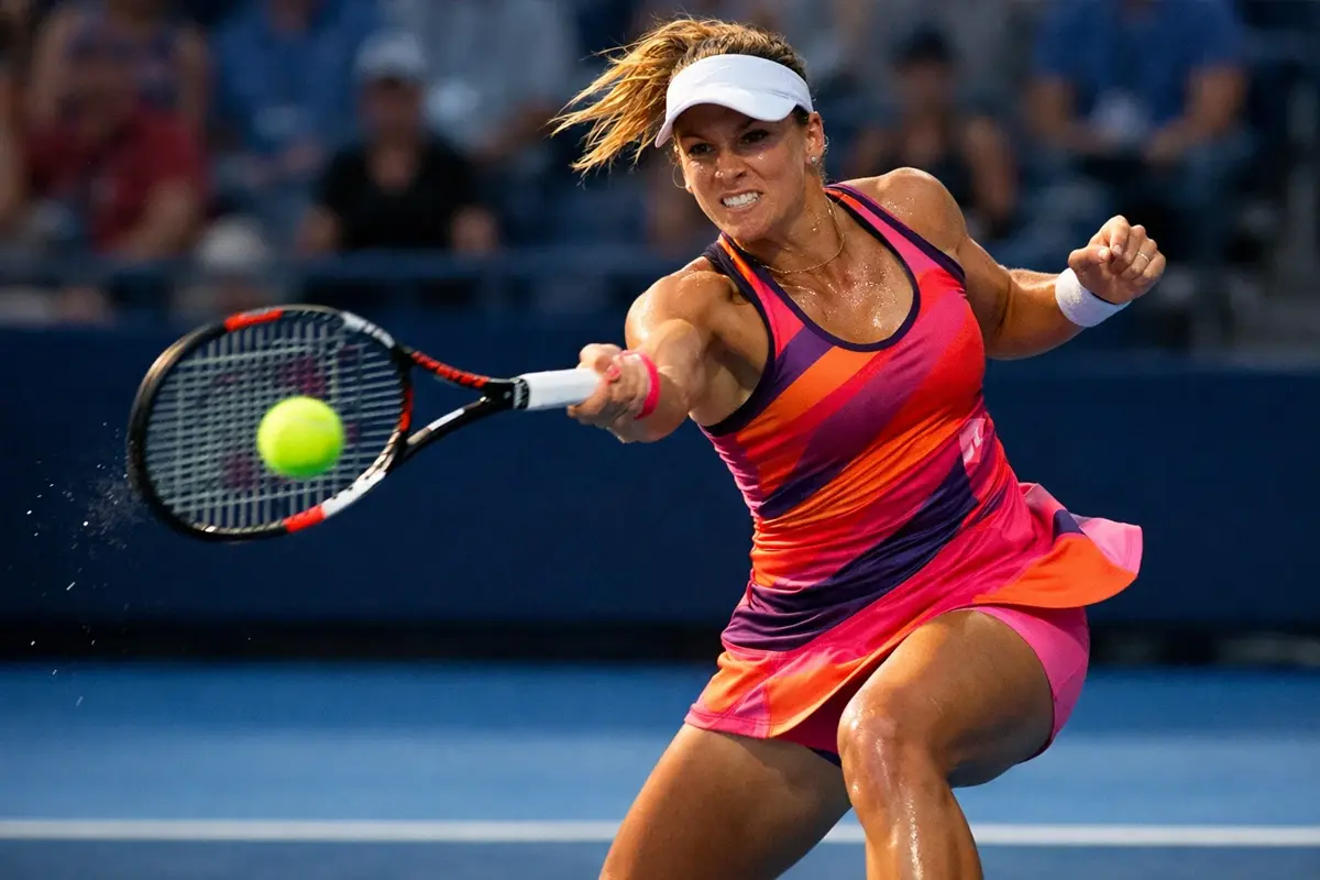 WTA Top-Spielerin schlägt eine kraftvolle Vorhand auf dem Hartplatz